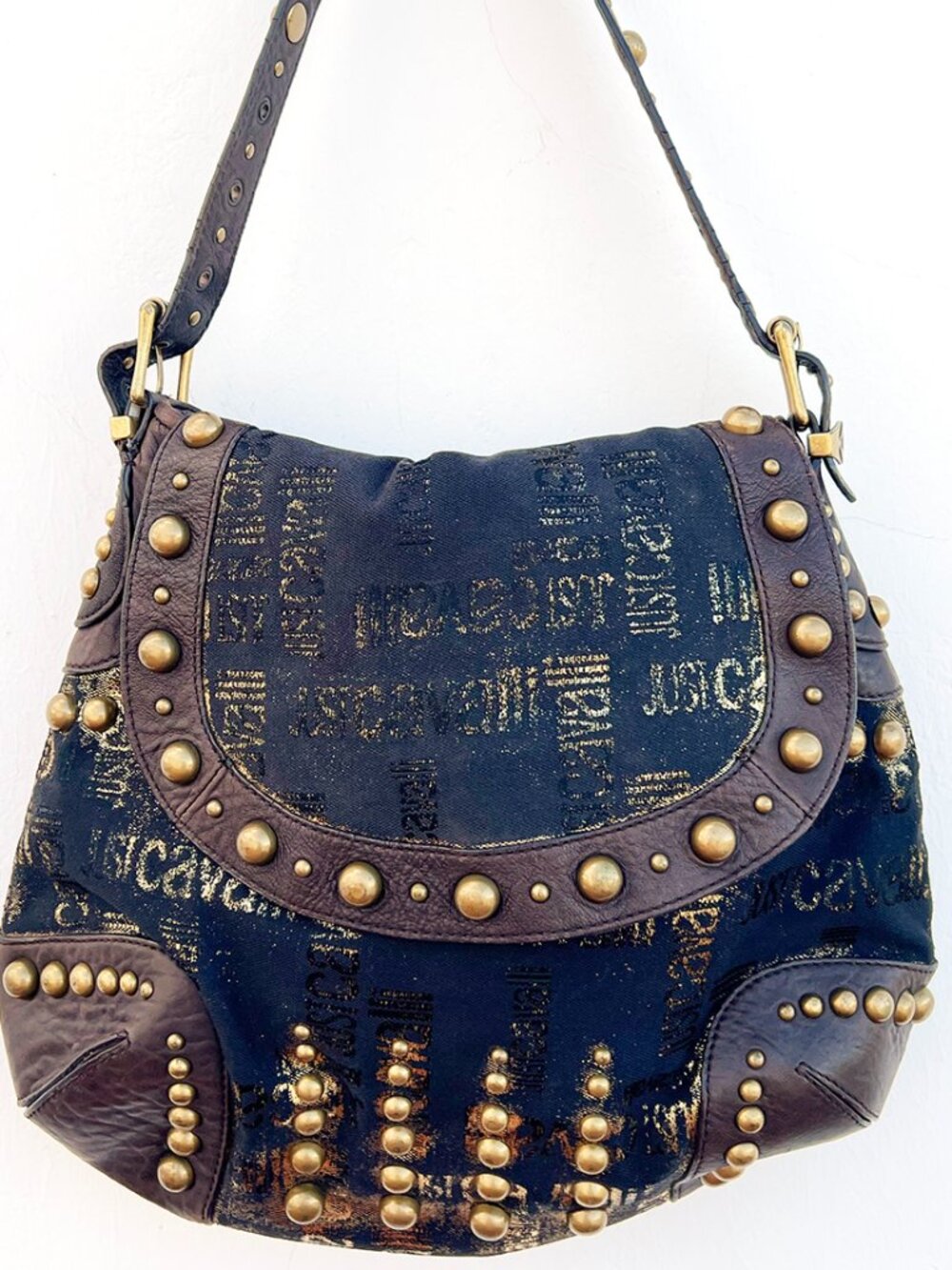 Authentic Just Cavalli Studded Shoulder Hobo Bag Black Denim Gold Logo with Dust